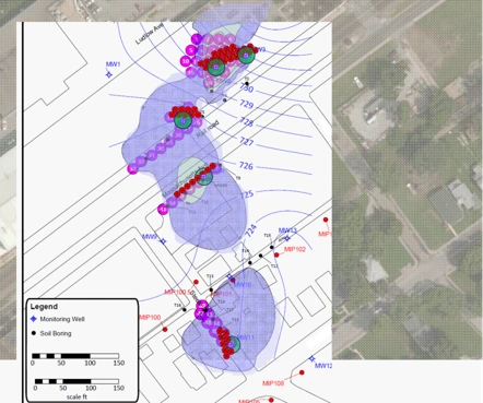 Site map of a chlorinated solvent remediation project in Indiana showing PCE groundwater contamination contours, groundwater elevations, ZVI and enhanced bioremediation injection locations, and monitoring wells.