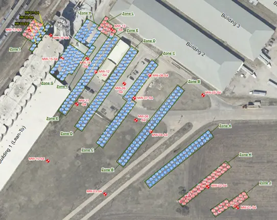 Site map of the Wichita, Kansas, grain storage facility showing ZVI and enhanced bioremediation injection zones, direct-push treatment locations, and groundwater monitoring wells used for carbon tetrachloride remediation.