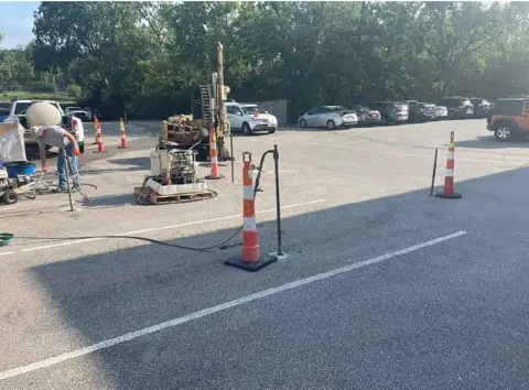 Direct-push injection equipment used for in situ chemical oxidation (ISCO) of petroleum-impacted groundwater at an active commercial property in Kansas.